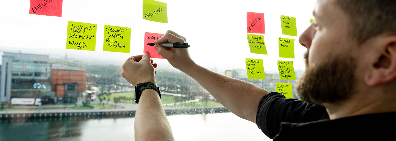 UX workshop setup, featuring colourful Post-it notes.
